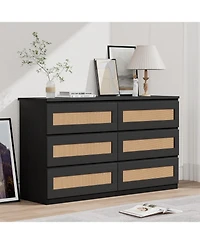 gaomon 6 Drawer Double Dresser for Bedroom, Rattan Bedroom with Smooth Mental Slide, Modern Wood Chest Living Room, Hallway,