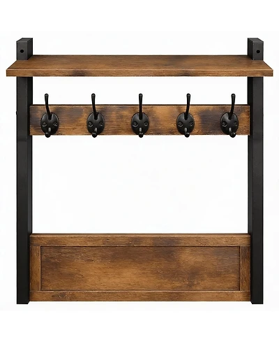 Yigii Rustic Brown & Black Iron Wall Hooks Shelf, 5 Hooks, Sturdy Storage, Easy Assembly