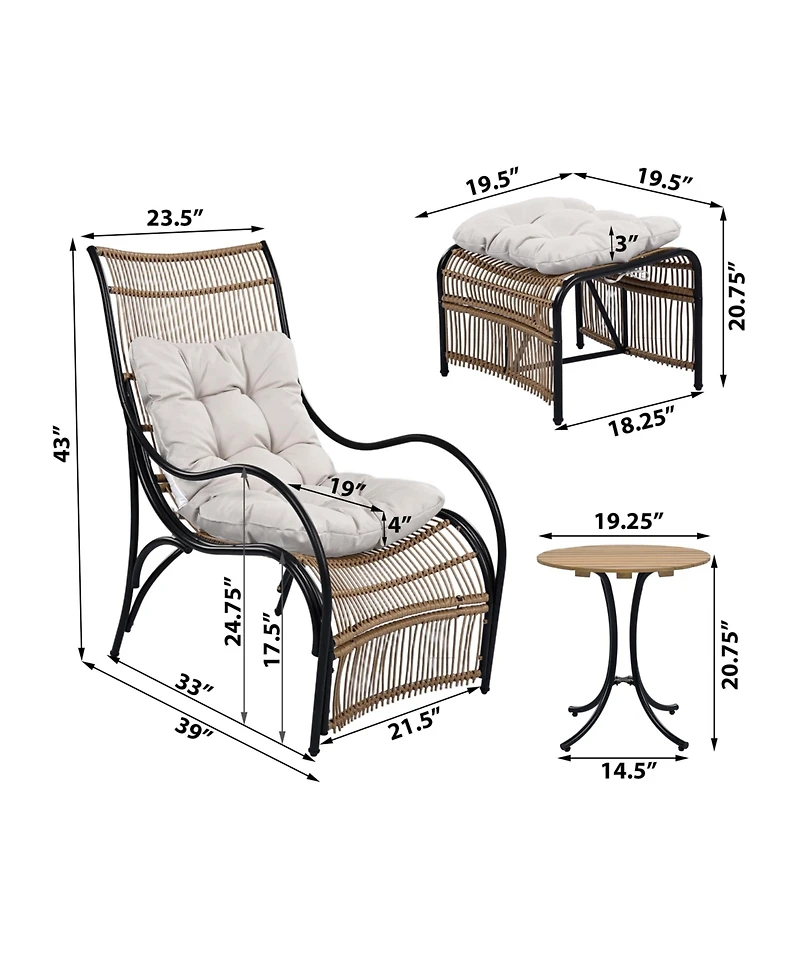 Flynama 3 Piece Black Natural Beige Wicker Outdoor Patio Furniture Set with Lounge Chair Side Table Ottoman and Cushions for Garden Deck Porch