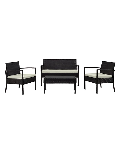 Flynama 4 Piece Black and Cream Outdoor Conversation Patio Set with 2 Armchairs 1 Loveseat and Tempered Glass Coffee Table for Backyard Porch Garden