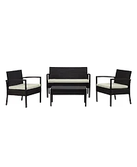 Flynama 4 Piece Black and Cream Outdoor Conversation Patio Set with 2 Armchairs 1 Loveseat and Tempered Glass Coffee Table for Backyard Porch Garden