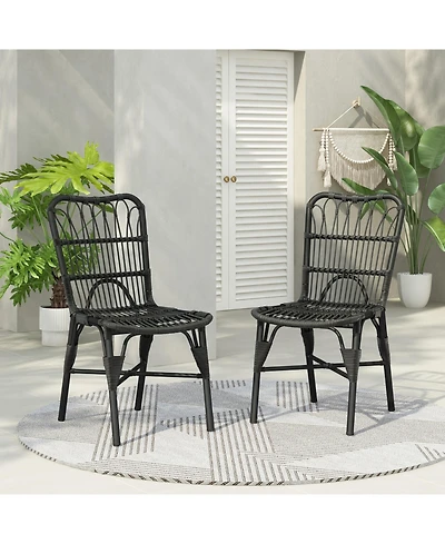 Flynama Set of 2 Grey Outdoor Pe Wicker Patio Dining Chairs Rust Resistant Iron Frame 400lbs Capacity for Backyard Poolside Garden