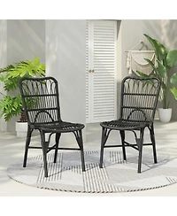 Flynama Set of 2 Grey Outdoor Pe Wicker Patio Dining Chairs Rust Resistant Iron Frame 400lbs Capacity for Backyard Poolside Garden