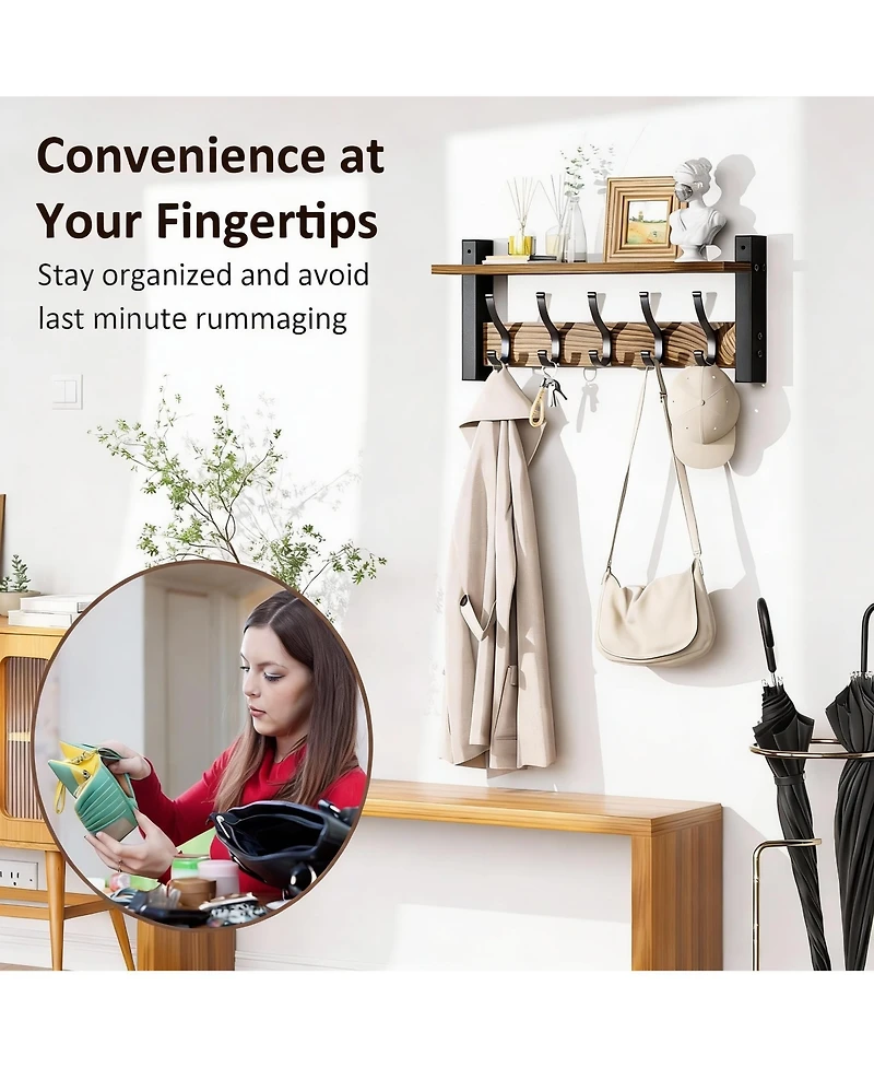 Yigii 5-Hook Wall Coat Rack with Shelf, 55lbs Capacity, Space Saving, Diy Install