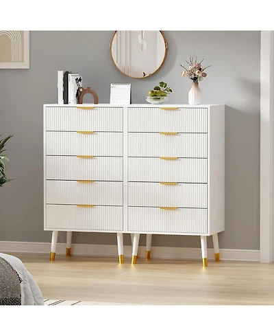 Gaomon 5-Drawer Modern Wooden Dresser for Bedroom, Chest of Drawers with Storage Cabinet Organizer Unit and Fluted Design