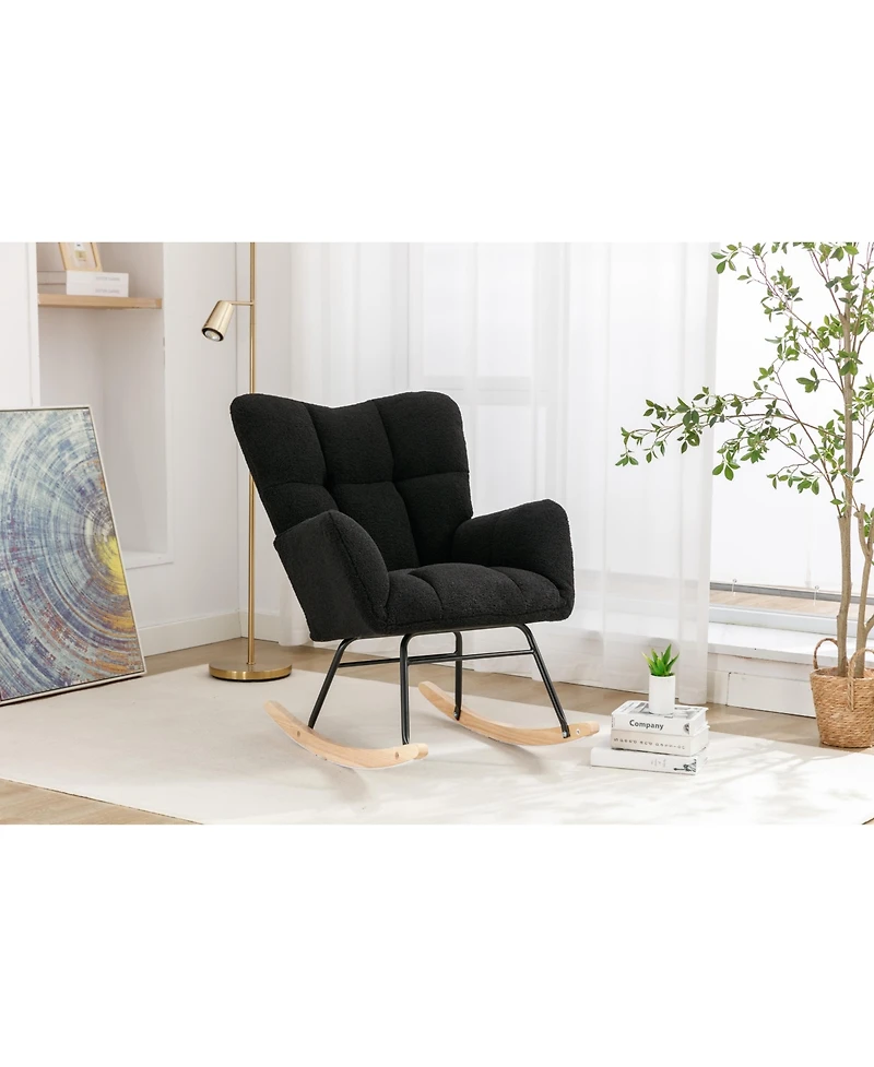 Flynama Black Teddy Fabric Nursery Rocking Glider Chair with Wooden Frame Metal Base Rocking Legs 250 Lbs Capacity for Living Room Bedroom Indoor