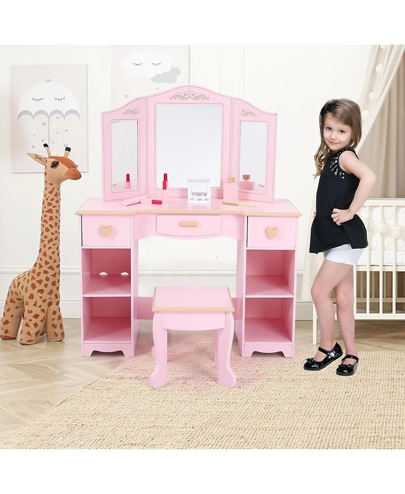 Gaomon Pink Kids Princess Luxury Vanity Set, Perfect Gift Dressing Table with Coordinating Stool