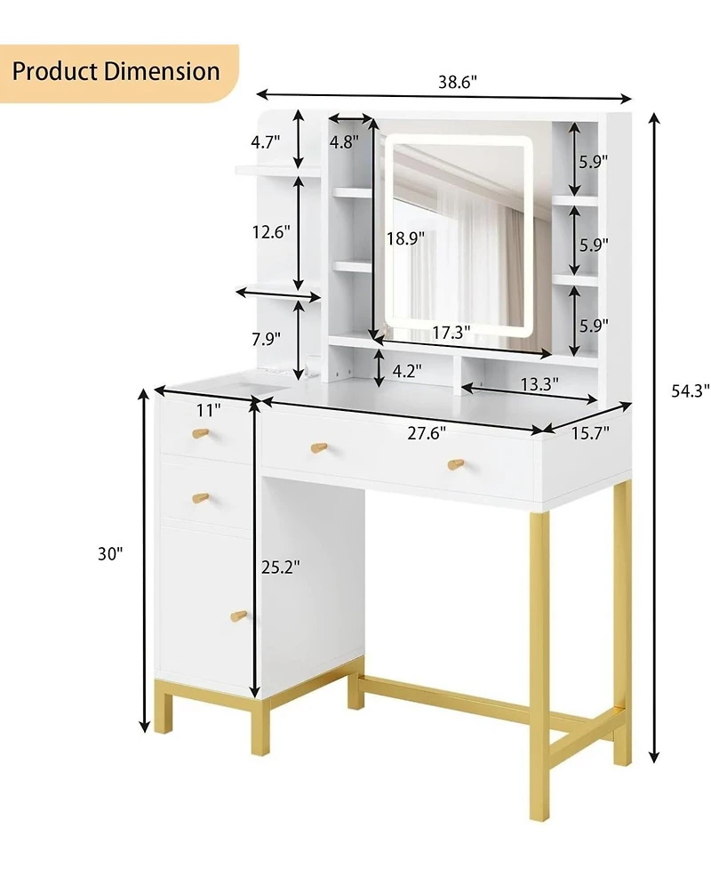 Gaomon White Led Lighted Makeup Desk, Dressing Table with Built-in Power Outlet