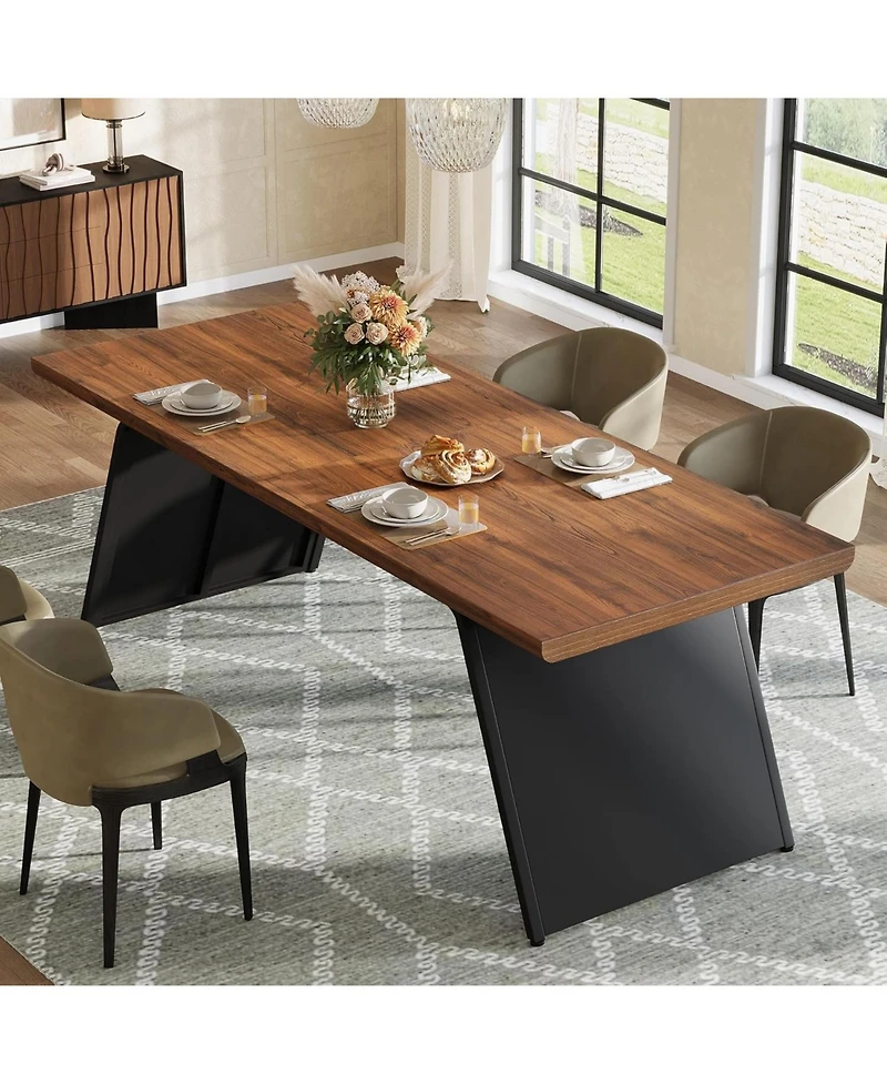 Tribesigns 79" Long Dining Table for 6, Modern Narrow Rectangular Kitchen Table with Walnut Wooden Top & Black Metal Base