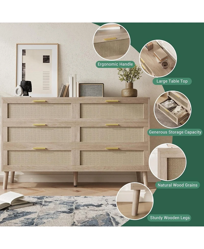 gaomon 6 Drawer Rattan Dresser, 47.2'' x 15.7'' x 29.5'' Rattan Chest of Dressers, Mid Century Modern Dresser for Closet with Handles