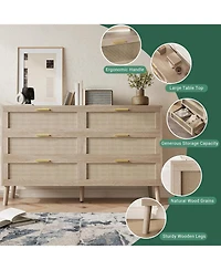 gaomon 6 Drawer Rattan Dresser, 47.2'' x 15.7'' x 29.5'' Rattan Chest of Dressers, Mid Century Modern Dresser for Closet with Handles