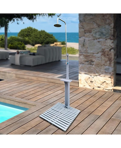 flynama Wooden Outdoor Garden Pool Shower with Chassis Board Weather Resistant Fir Wood Shower for Patio Terrace Backyard Camping