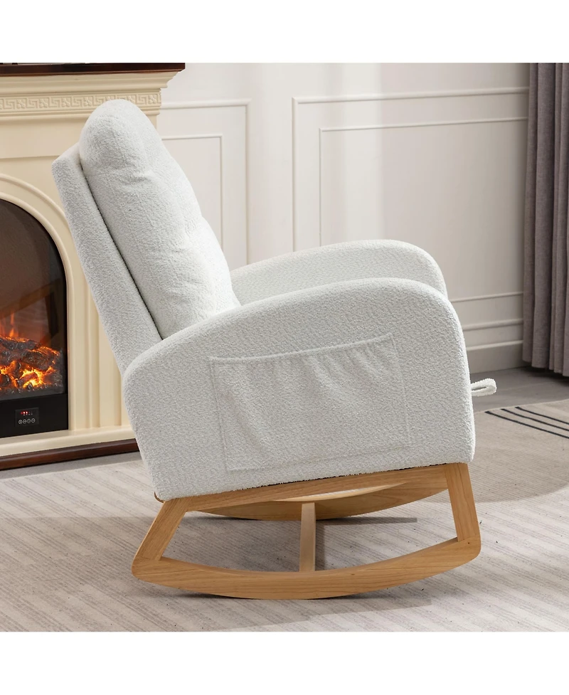 Flynama High Back Accent Rocking Chair with Footrest Rubber Wood Legs Side Storage Pocket for Bedroom Living Room Nursery