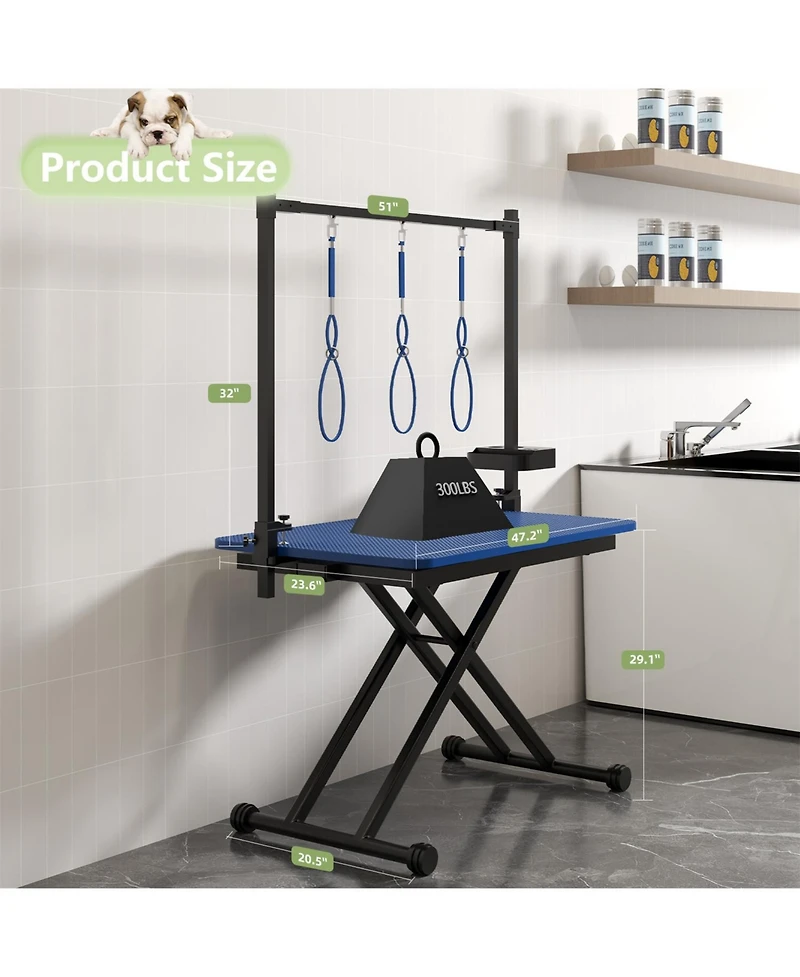 Aostirmotor 47" Professional Dog Grooming Table, X-Lift Foldable Adjustable Height with Nooses & Tool Organizer,Blue