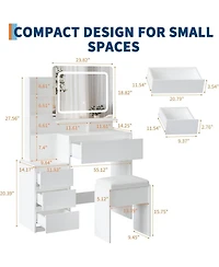 Gaomon White 4-Drawer Vanity Desk Set, Lighted Makeup Table with Power Outlet, Usb Ports & Matching Stool
