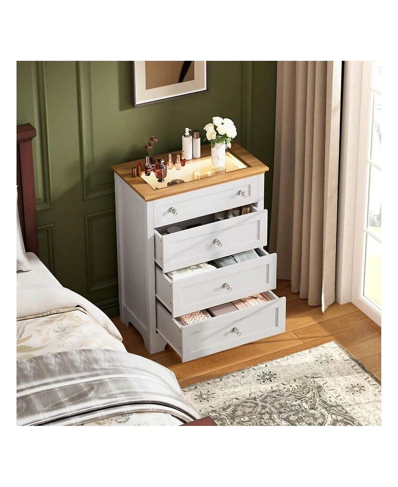 gaomon White 4-Drawer Led Nightstand Dresser, Visible Glass Top Bedside Cabinet with Night Light for Bedroom