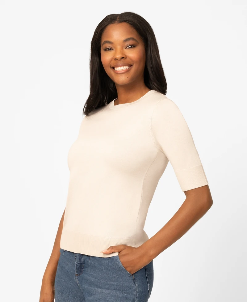 Melissa Paige Petite Whip Stitch Elbow-Sleeve Crewneck Sweater