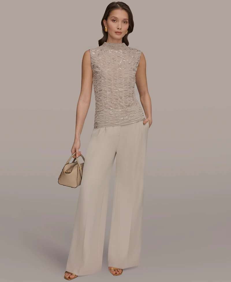 Donna Karan New York Women's Mock Neck Foil Printed Ruched Sweater