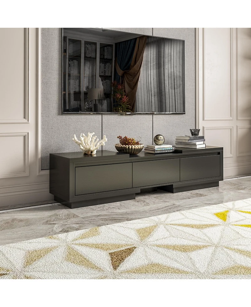 Tv stand with three drawers and two cabinet doors, media console with metal feet, wooden entertainment center