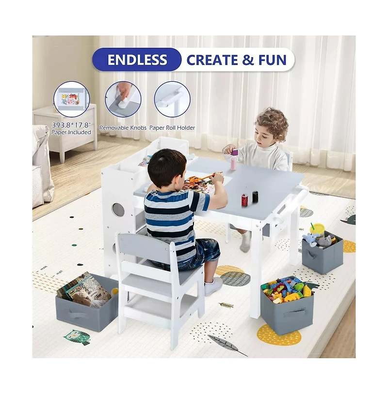 Kinder King 3-in-1 Kids Table and 2 Chairs Set with Storage, Removable Top Chalkboard for Art, Crafts, Reading