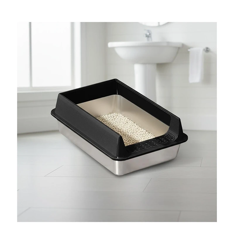 Aostirmotor Medium Stainless Steel Cat Litter Box Black, Anti-Rust & Odor Control Pan