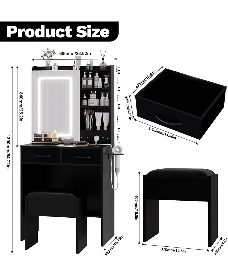 Gaomon Black 2-Drawer Vanity Desk Set, Lighted Makeup Table with Power Outlet, Usb Ports & Stool