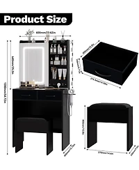 Gaomon Black 2-Drawer Vanity Desk Set, Lighted Makeup Table with Power Outlet, Usb Ports & Stool