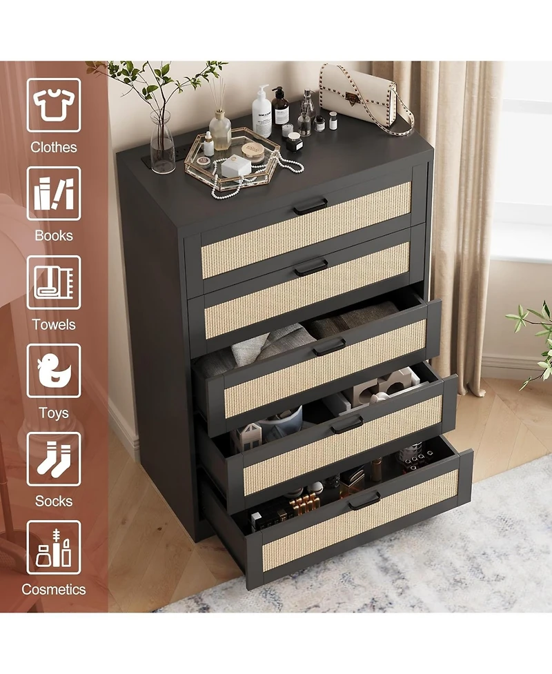 gaomon 5 Drawer Rattan Dresser for Bedroom Dresser with Power Outlets Wood Dresser Chest of Drawers with Metal Handles for Living Room Closet
