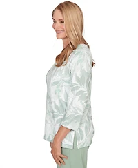 Alfred Dunner Petite Monotone Leaf Print Split Neck Top