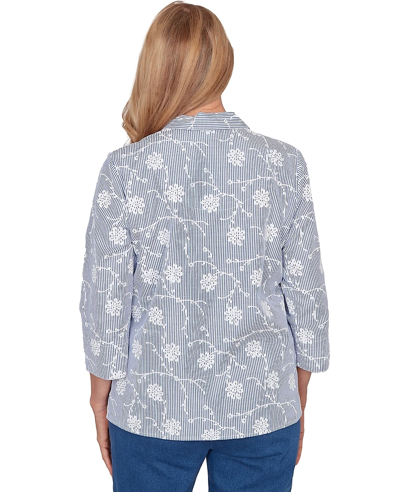 Alfred Dunner Petite Classics Puff Print Pinstripe Embroidered Collared Top