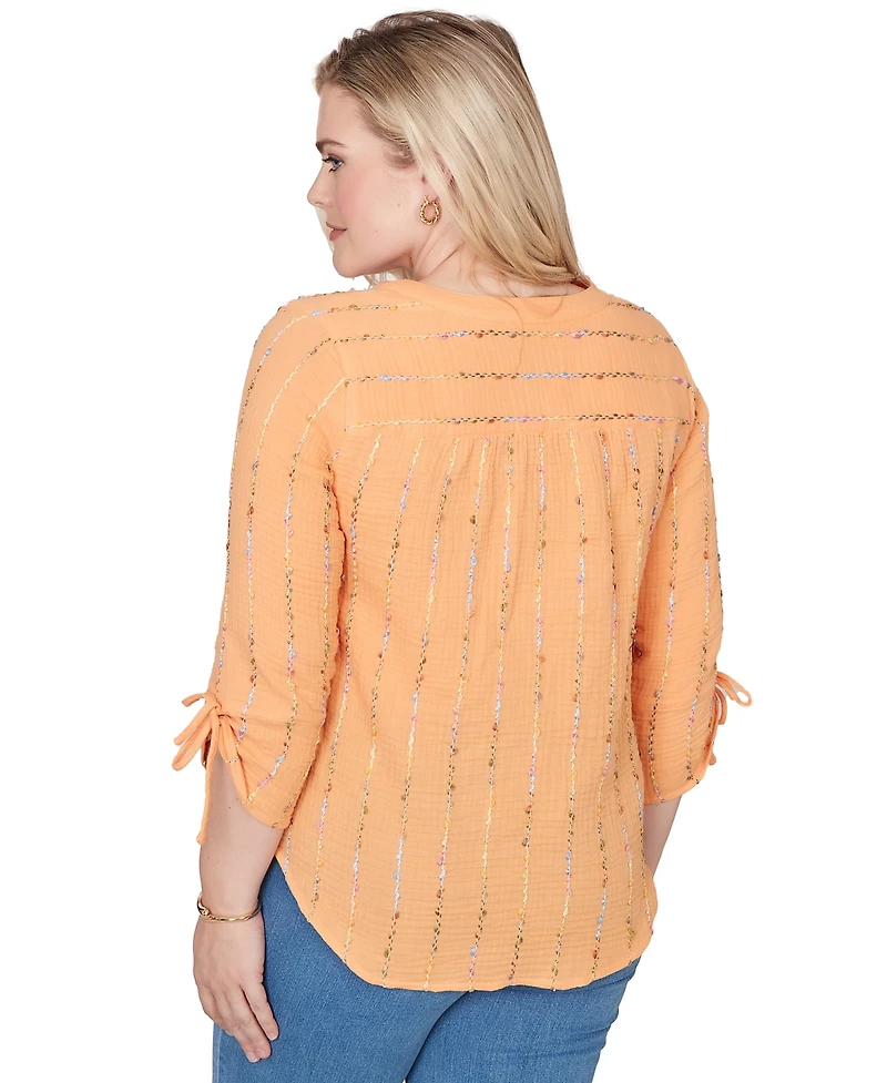 Alfred Dunner Petite Eyelash Gauze Textured Tie Sleeve Split Neck Top