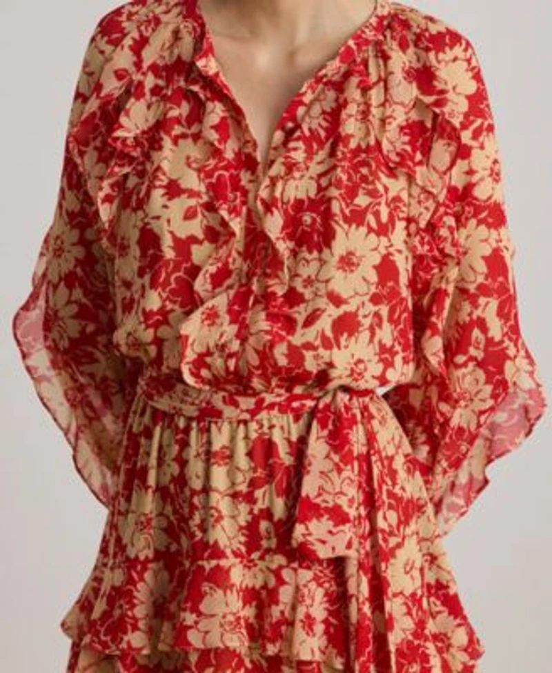 Lauren Ralph Lauren Womens Print Ruffle Trim Band Collar Tiered Dress