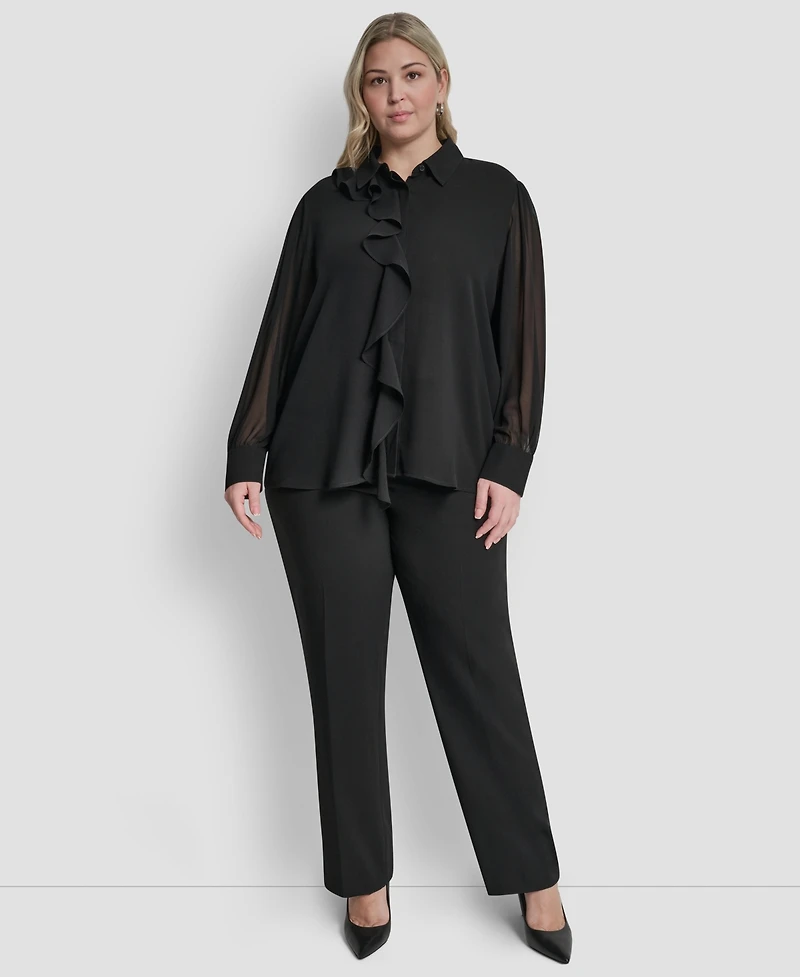 Dkny Plus Collared Ruffle Detail Long-Sleeve Top