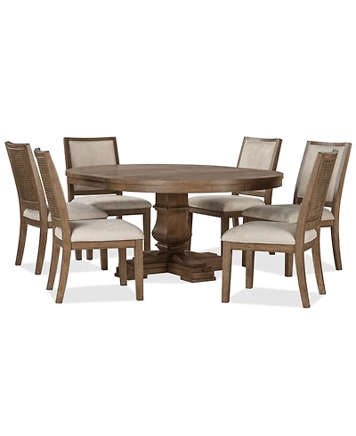 Furniture Alverton 7-Pc. Wood Round Table and 6 Upholstered Side Chairs Dining Set