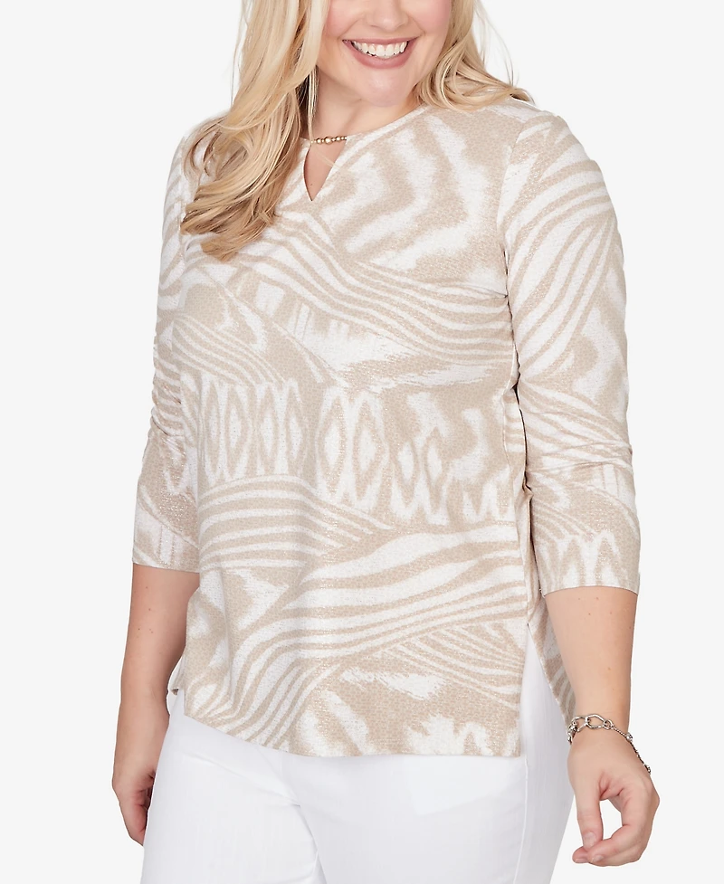 Alfred Dunner Petite Natural Wonder Animal Print Split Neck Beaded Top