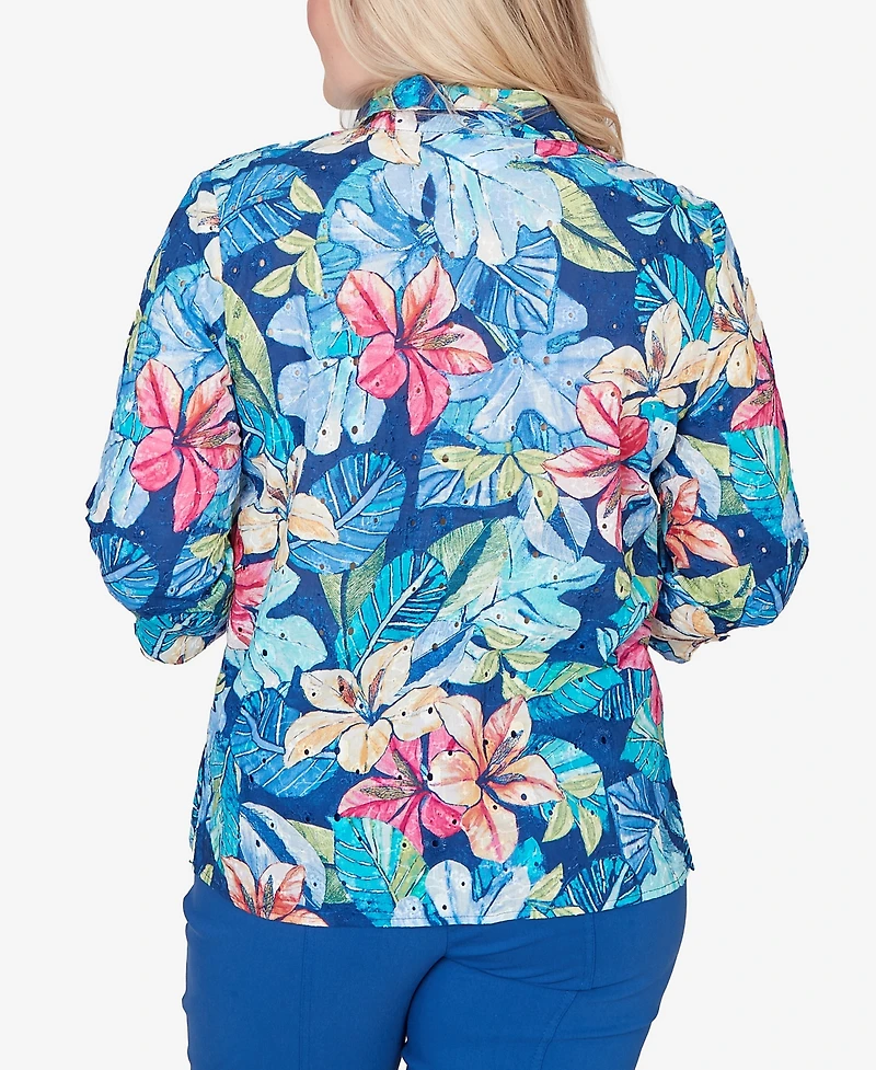 Alfred Dunner Petite The Royal Treatment Tropical Eyelet Button Down Top