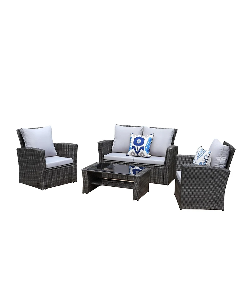 Flynama 4 Pieces Pe Rattan Wicker Outdoor Patio Furniture Set with Grey Cushions Steel Frame Tempered Glass Coffee Table