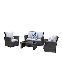 Flynama 4 Pieces Pe Rattan Wicker Outdoor Patio Furniture Set with Grey Cushions Steel Frame Tempered Glass Coffee Table