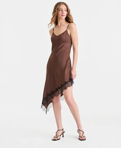 Bar Iii Women's Satin Lace-Trim Asymmetric-Hem Dress, Macy's Exclusive