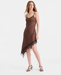 Bar Iii Women's Satin Lace-Trim Asymmetric-Hem Dress, Macy's Exclusive