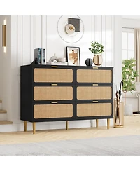 Gaomon Rattan 6 Drawer Dresser for Bedroom, Long Double Chest with Deep Drawers and Wide Top Living Room or Kids