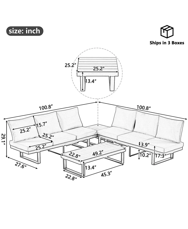 Flynama Outdoor Sectional Sofa Set with Adjustable Reclining Seats Patio Conversation Daybed Beige Cushions for Backyard Poolside Balcony