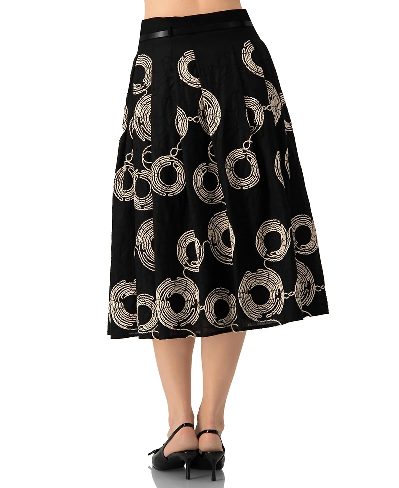 Ivonne Women's Embroidered Midi Skirt with Belt