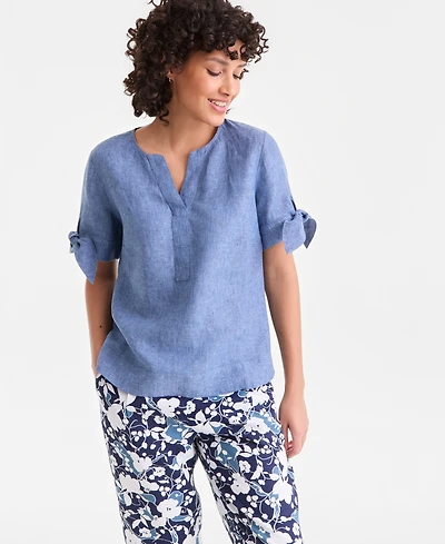Charter Club Women's 100% Linen Split-Neck Tie-Cuff Top, Created for Macy's