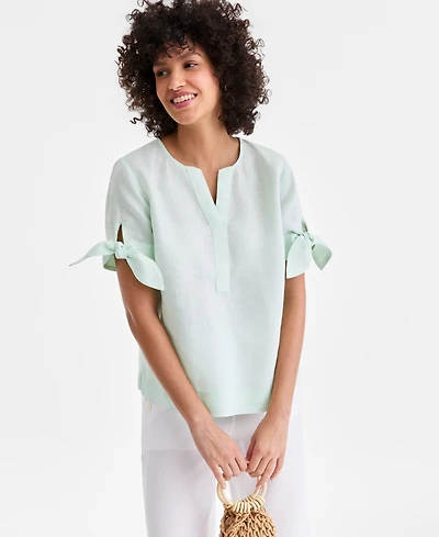 Charter Club Women's 100% Linen Split-Neck Tie-Cuff Top, Created for Macy's