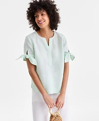 Charter Club Women's 100% Linen Split-Neck Tie-Cuff Top, Created for Macy's