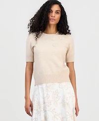 T Tahari Women's Floral-Applique Short-Sleeve Sweater