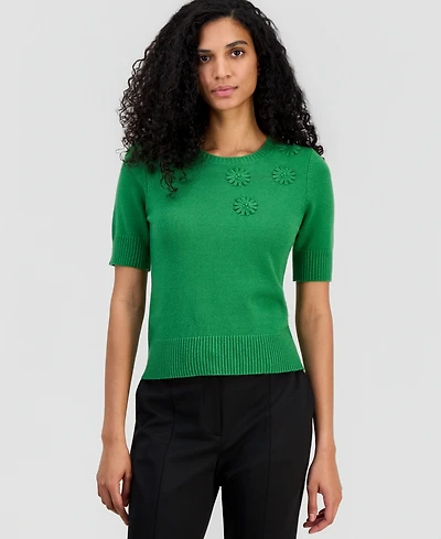 T Tahari Women's Floral-Applique Short-Sleeve Sweater