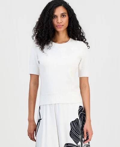 T Tahari Women's Floral-Applique Short-Sleeve Sweater