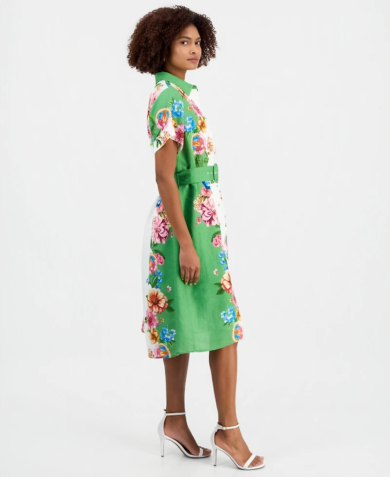 T Tahari Women's Printed Belted Button-Front Midi Dress